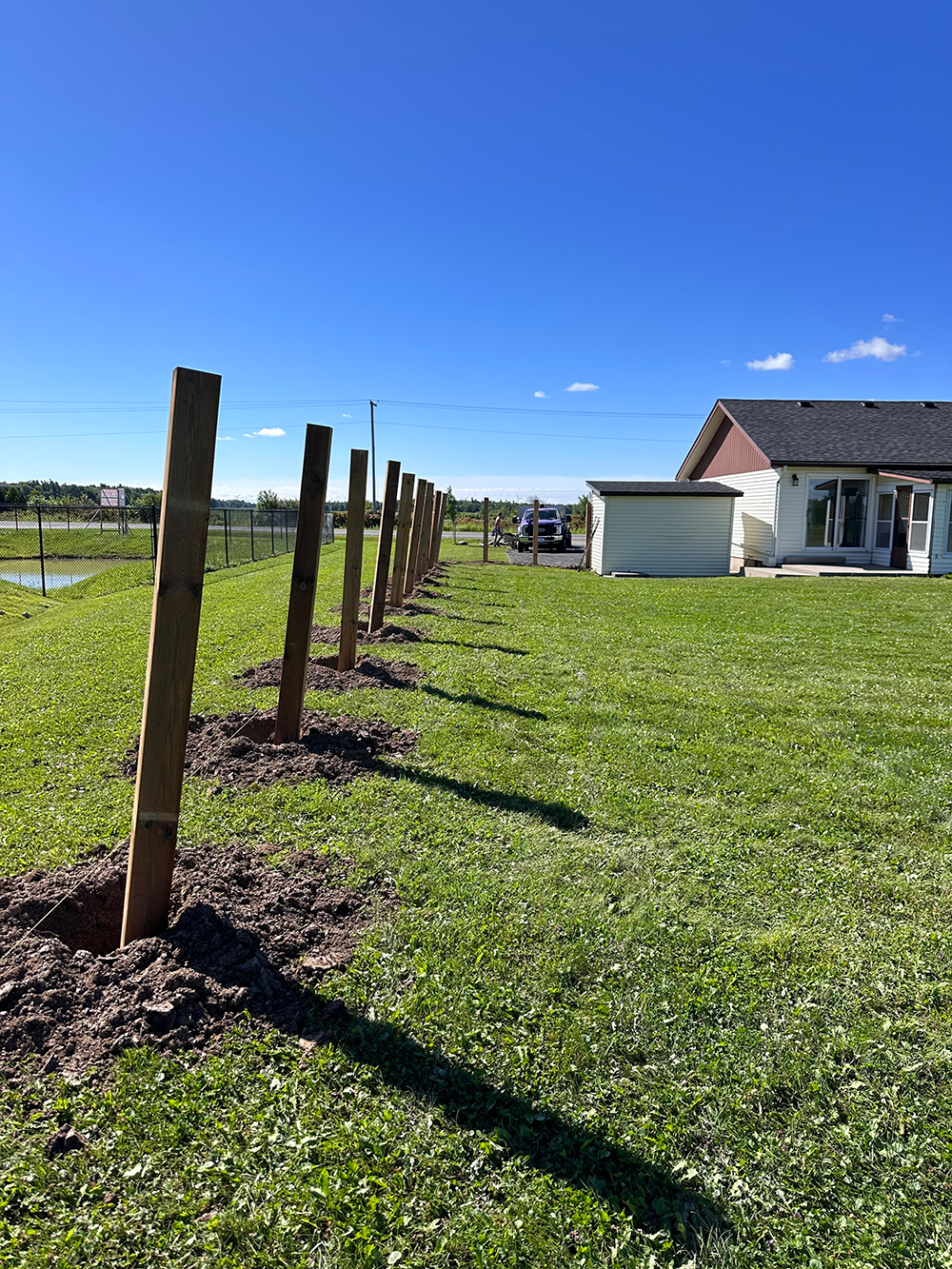 Newly installed treated wood fence posts in straight alignment at residential property in Cambridge Ontario